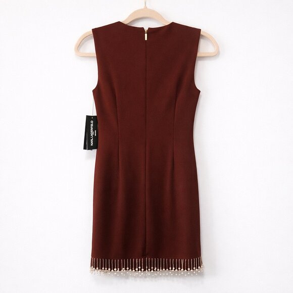 Karl Lagerfeld Paris Maroon Sheath Dress Pearl Fringe Hem NWT Size 2 - Picture 3 of 10
